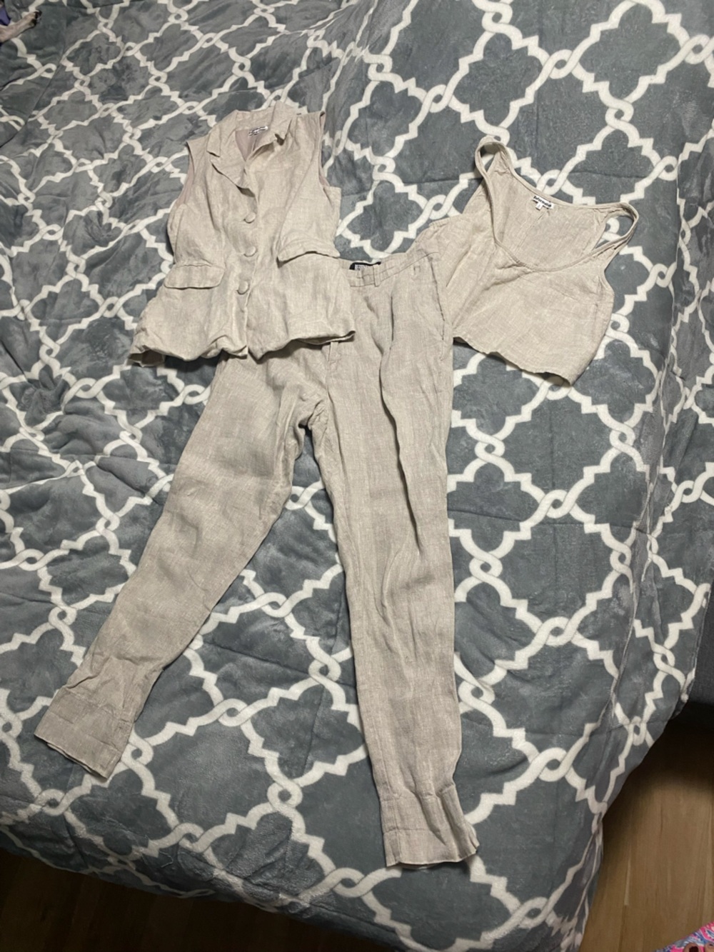 Reformation linen 3 piece billie vest adalyn crop top beige pants SZ 2 XS